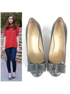 Kate Spade Krysta Silver Glitter Bow Heels 8